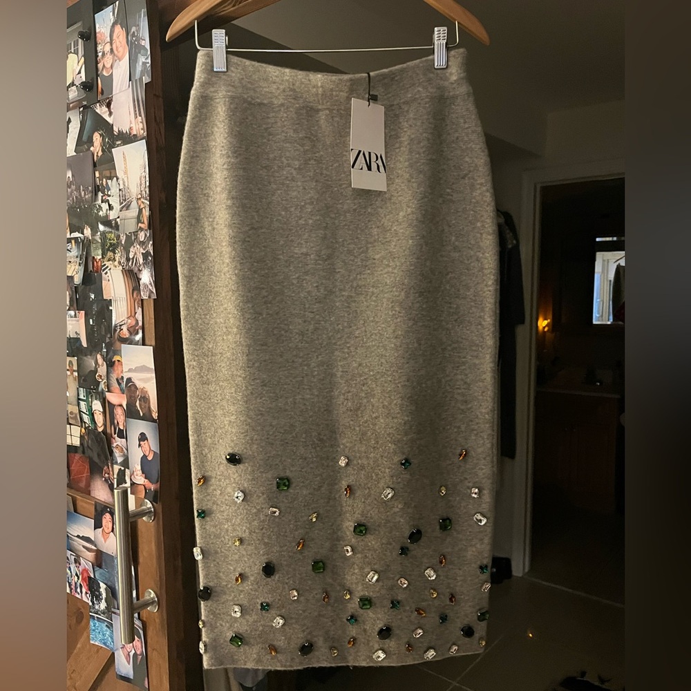Zara Gray Embellished Pencil Skirt